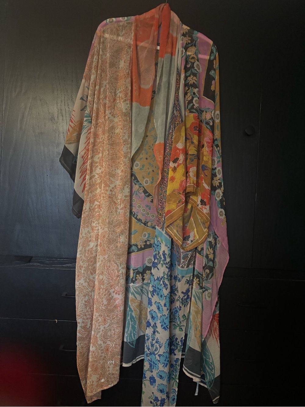 Free People Multi-Print Maxi Kimono in Coral, Pink & Blue